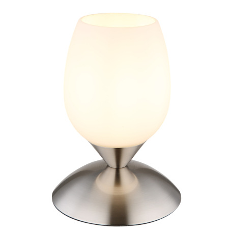 Stolové svietidlo, kov nikel matný, sklo biele, kábel PVC čierny, dotykové zapínanie/vypínanie, ø: 1