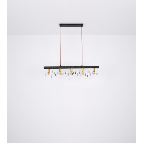 Závesné svietidlo, kov čierny, drevo hnedé, sklenené krištále, textilný čierny kábel, DxŠxV:900x60x1 10