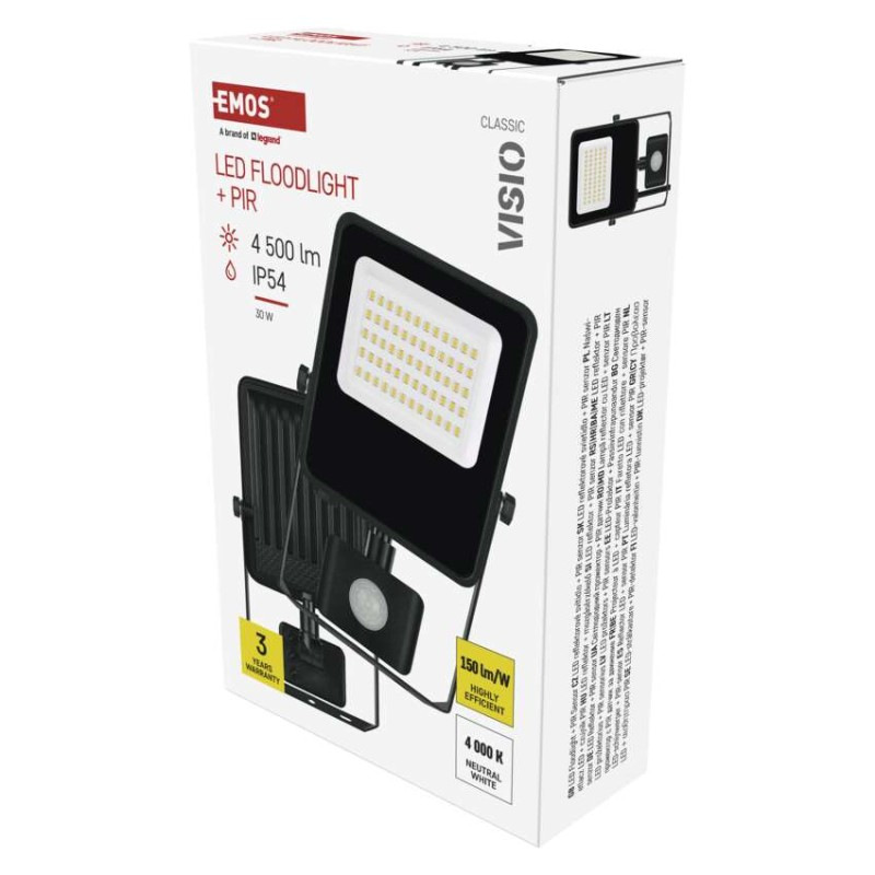 LED reflektor VISIO s pohybovým čidlom, 30 W, neutrálna biela, čierný