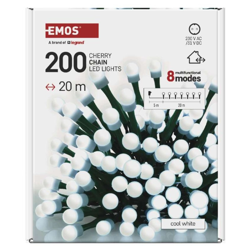 LED vianočná cherry reťaz–guličky,20 m,vonkajšia aj vnútorná,st. biela,programy,čas 9