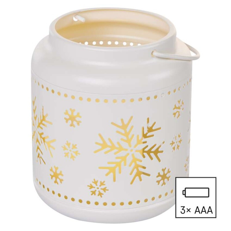LED dekorácia – lampáš s vločkami kovová biela, 14 cm, 3x AAA, vnútorná, vintage 4