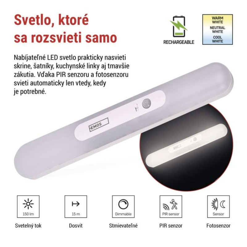 LED nabíjateľná svietidlo P3328 s pohybovým senzorom a fotosenzorom, 1 ks 1
