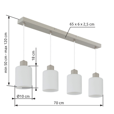 Závesné svietidlo, kov, piesková matná, sklo biele, priehľadný PVC kábel, DxŠxV: 720x100x1200mm, bez 7