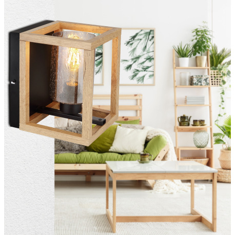 Nástenné svietidlo, kov čierny, MDF hnedá, dymové sklo, sklo s bublinami, ŠxV:170x220, H:195, bez ži 1