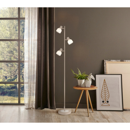 Stojacia lampa, kov matnej pieskovej farby, kov s imitáciou dreva, saténové sklo, kábel PVC čierny, 10