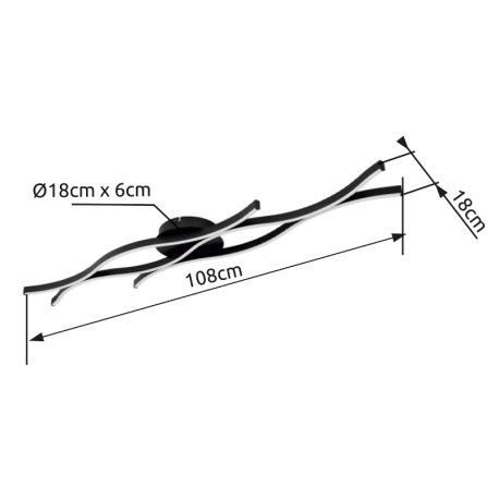Stropné svietidlo, kov čierny matný, plast biely, hliník čierny matný, DxŠxV: 1080x180x60mm, vrátane 18