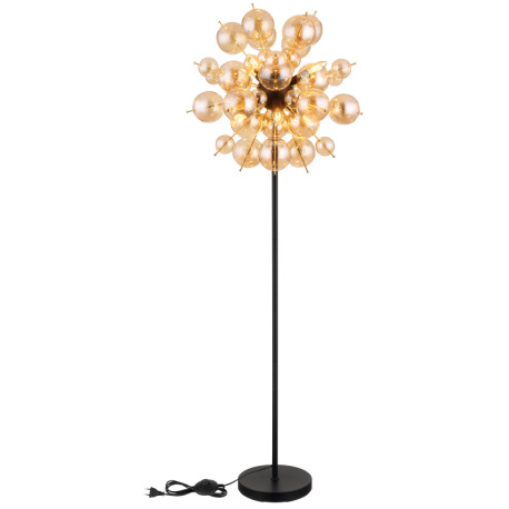 Stojanové svietidlo, kov čierny, kov zlatej farby, sklenené gule jantárové, kábel PVC čierny, vyínač 5