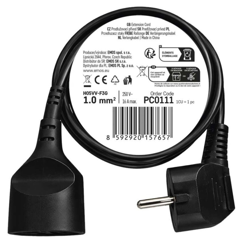 Predlžovací kábel 1,5 m / 1 zásuvka / čierny / PVC / 1 mm2 5