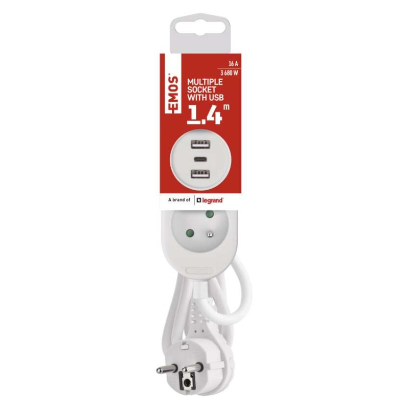 Predlžovací kábel 1,4 m / 2 zásuvky+2×USB-A+1×USB-C / biely / PVC / 1,5 mm2 2