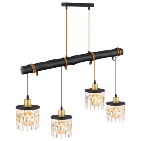 Závesné svietidlo, mosadz, drevo čierne, sklenené krištále, textilný kábel hnedý, nastaviteľná výška 18