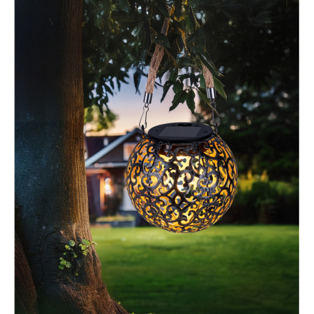 Solárne svietidlo, kov sivý, antik, kov medený, plast čierny, konopné lano, vypínač, akumulátor AAA 8