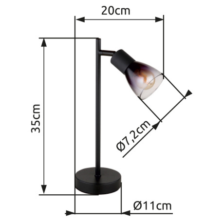 Stolové svietidlo, kov čierny matný, sklo dymové a priehľadné, kábel PVC čierny, kolískový vypínač n 16