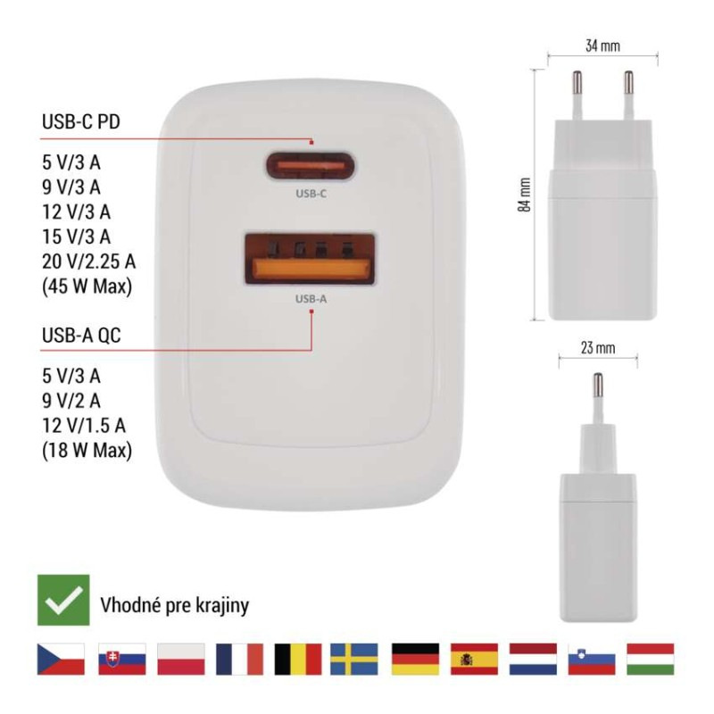 Univerzálny USB adaptér GaN do siete PD 45 W max. 3