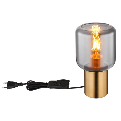 Stolná lampa kov mosadzná farba, dymové sklo, textilný kábel čierny, kolískový vypínač na kábli, ø: 3