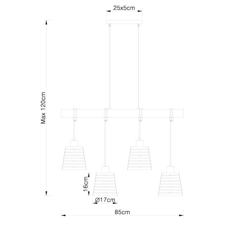 Závesné svietidlo, drevo, kov čierny a zlatý, DxŠxV: 850x170x1200, bez žiaroviek 4xE27, max. 60W 230 8