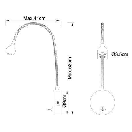 Nástenné svietidlo, kov chróm, kov nikel matný, akryl, transparentný napájací kábel, flexi, vypínač, 8