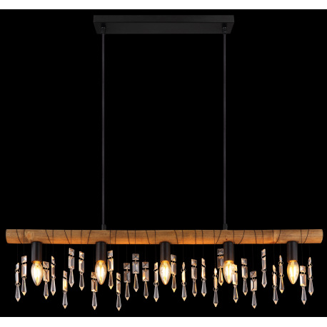 Závesné svietidlo, kov čierny, drevo hnedé, sklenené krištále, textilný čierny kábel, DxŠxV:900x60x1 5