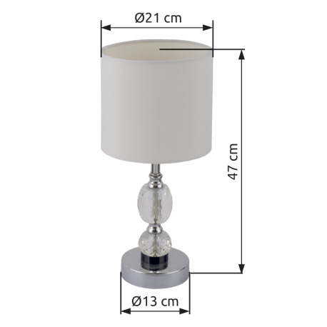 Stolová lampa, kov chróm, textil biely, kryštálové sklo priehľadné, vypínač, Ø210, V:470, bez žiarov 18
