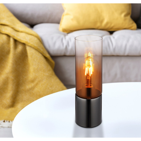 Stolové svietidlo, kov čierny chróm, sklo medenej farby, priehľadné, textilný kábel čierny, dotykové 7