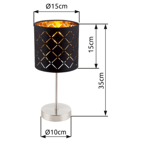 Stolová lampa, kov nikel matný, textil čierny a zlatý, tienidlo s ozdobným dierovaním, kábel 1,5m, v 6