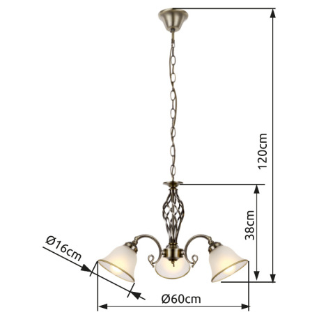 Závesné svietidlo, kov, stará mosadz, satinované sklo, Ø 600, V:1200, bez žiaroviek 3xE27, max. 60W 4