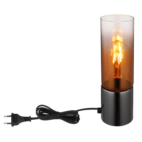 Stolové svietidlo, kov čierny chróm, sklo medenej farby, priehľadné, textilný kábel čierny, dotykové 9