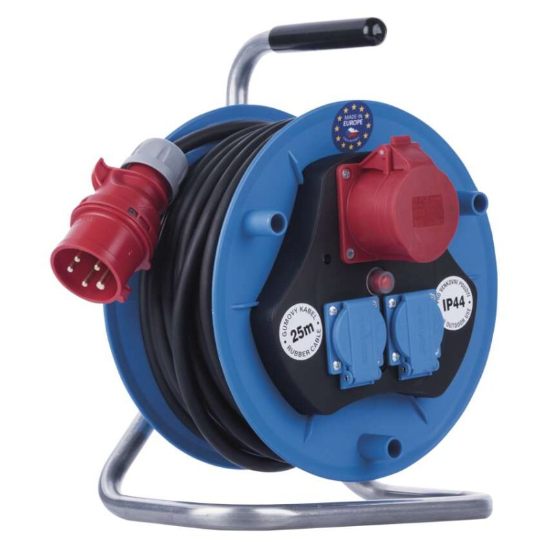 Vonkajší predlžovací kábel na bubne 25 m / 3 zásuvky / čierny / guma / 230V/400V / 1,5 mm2 10