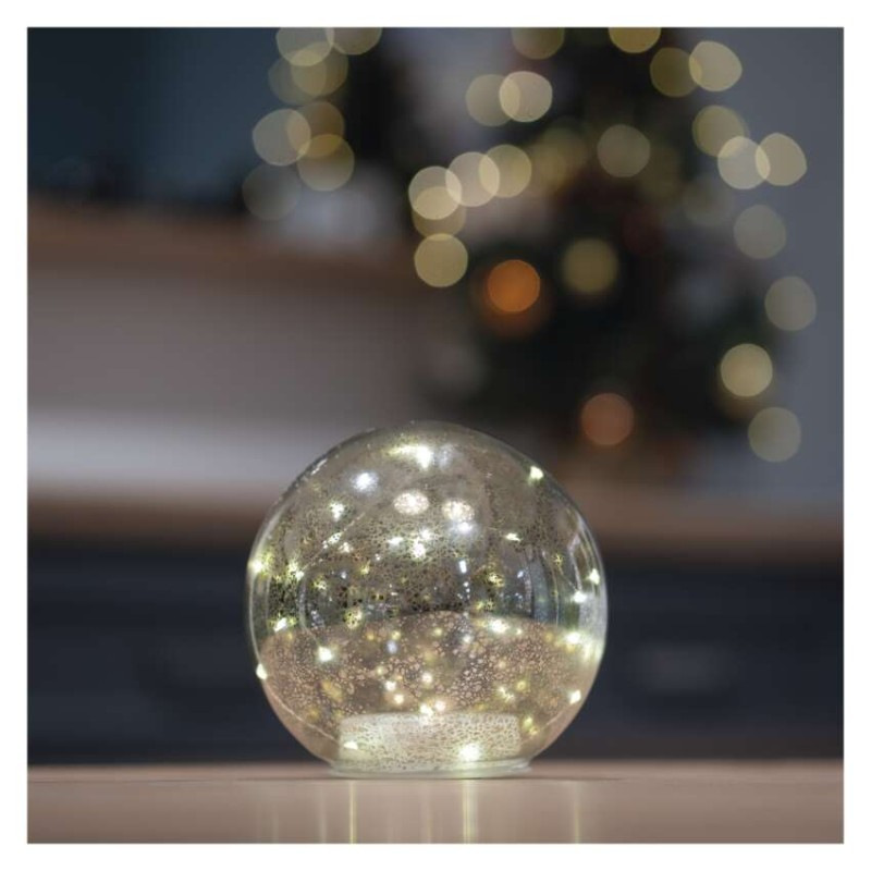 LED vianočná sklenená guľa - zlatá, 15 cm, 3x AA, vnútorná, teplá biela, časovač 4