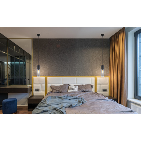 Závesné svietidlo, kov čierny, dymové sklo, kov čierny, textilný čierny kábel, ø: 90mm, V:1525mm, be 9