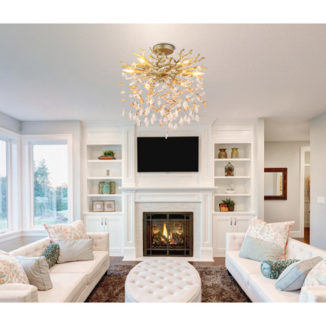 Stropné svietidlo, kov zlatej matnej farby, sklenené krištále jantárové, číre, flexo na objímkach, ø 6