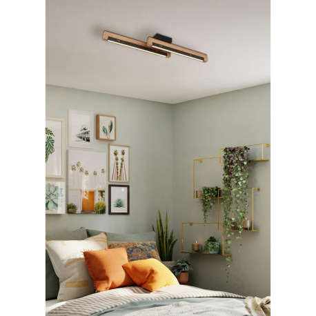 Stropné svietidlo, kov čierny, drevo tmavohnedé, hliník čierny, plast biely, hliníkové tienidlo s de 1