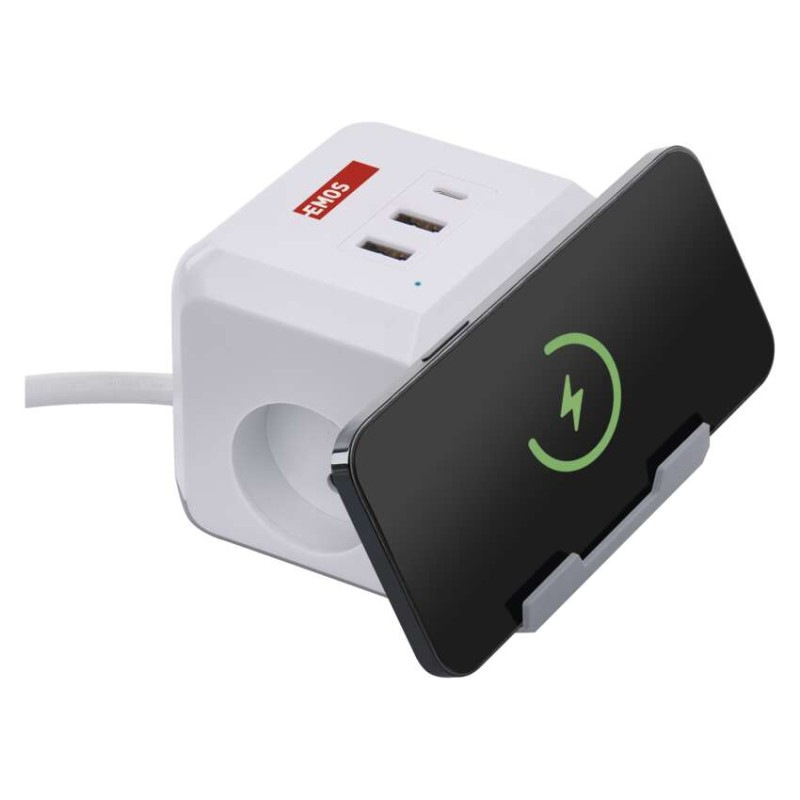 Predlžovací kábel - kocka 2 m / 2 zásuvky / biely / 2×USB-A + 1×USB-C+Qi / 1,5 mm2 2