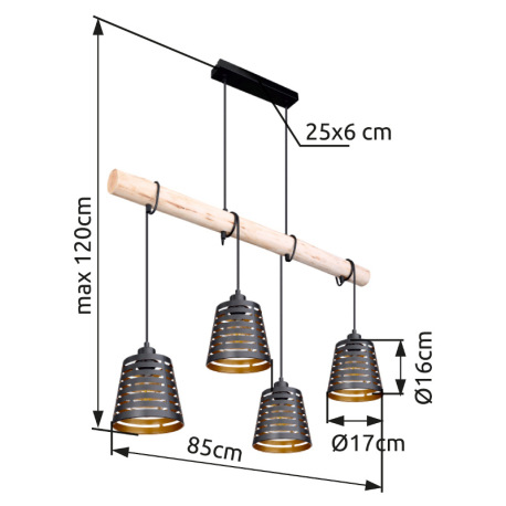 Závesné svietidlo, drevo, kov čierny a zlatý, DxŠxV: 850x170x1200, bez žiaroviek 4xE27, max. 60W 230 18