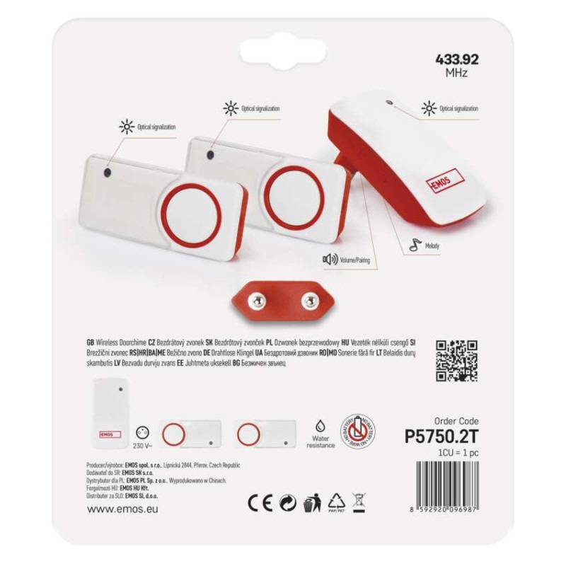 Domový bezdrôtový zvonček bez baterie P5750.2T do zásuvky, s 2 tlačidlami 12