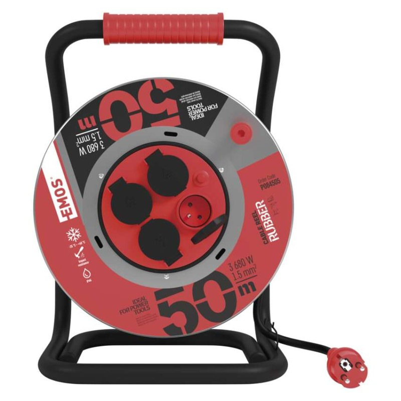 Vonkajší predlžovací kábel na bubne 50 m / 4 zásuvky / čierny / guma / 230 V / 1,5 mm2