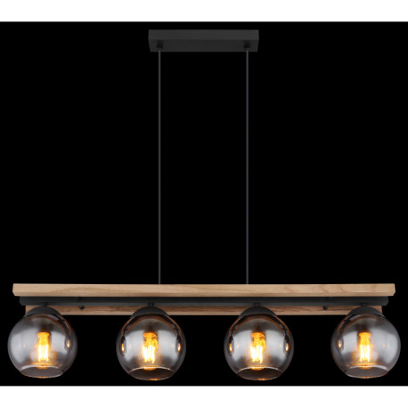 Závesné svietidlo, čierny matný kov, tmavohnedé drevo, sklo dymovej farby, čierny PVC kábel, možnosť 5