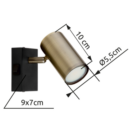 Nástenné svietidlo, kov čierny, mosadz, s vypínačom, ŠxV:70x100mm, H: 120mm, bez žiarovky 1x GU10, m 10