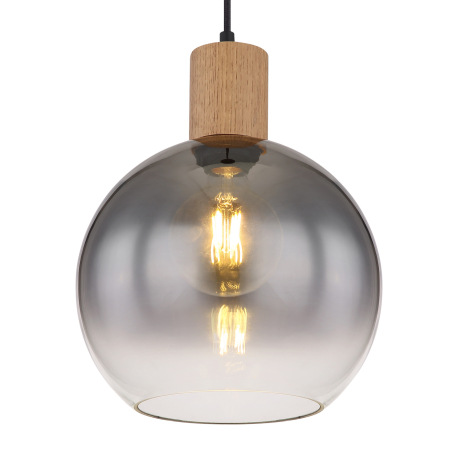 Závesné svietidlo kov čierny matný, MDF, imitácia tmavého dreva, dymové sklo, textilný kábel čierny, 15