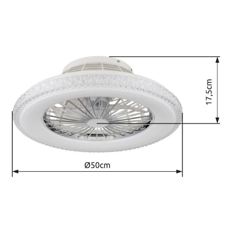 Stropný ventilátor, kov chróm, plast biely/chróm, číre akrylové krištále, stmievateľné, pamäť, diaľ. 14