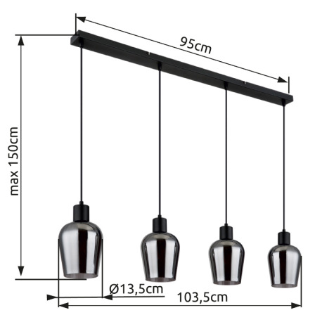 Závesné svietidlo, kov čierny, sklo dymovej farby, kábel PVC čierny, výškovo nastaviteľné, DxŠxV: 10 12