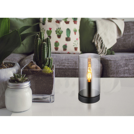 Stolová lampa, kov čierny matný, sklo dymové, kolískový vypínač na kábli, ø:110 mm, V:225 mm, dĺžka 5