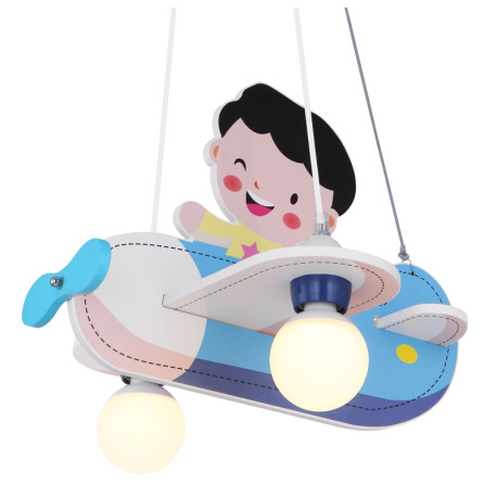 Závesné svietidlo, drevo, modrá biela, plast opál, lietadlo s chlapcom, DxŠxV: 430x400x1200, bez žia 7