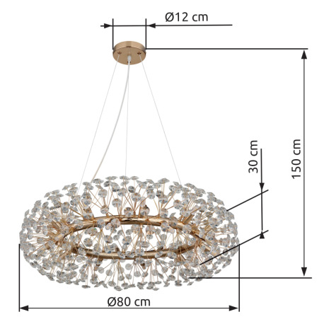 Závesné svietidlo, kov zlatej farby, kryštály K9 číre, kábel PVC transparentný, ø: 800 mm, V: 1500 m 10