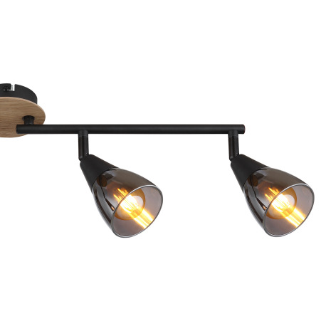 Stropné svietidlo, bodové, kov čierny matný, drevo hnedé, sklo dymové, nastaviteľné, DxŠxV: 600x100x 12