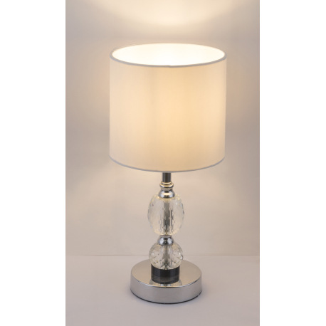 Stolová lampa, kov chróm, textil biely, kryštálové sklo priehľadné, vypínač, Ø210, V:470, bez žiarov 16