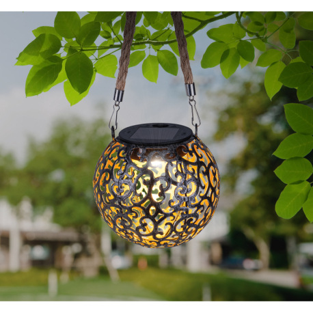 Solárne svietidlo, kov sivý, antik, kov medený, plast čierny, konopné lano, vypínač, akumulátor AAA 7