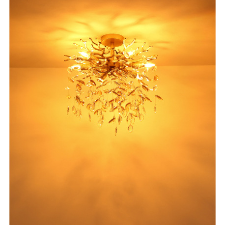 Stropné svietidlo, kov zlatej matnej farby, sklenené krištále jantárové, číre, flexo na objímkach, ø 9