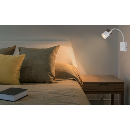 Nástenné svietidlo, kov biely, hliník nikel matný, hliník biely, plast priehľadný, kábel PVC biely, 1