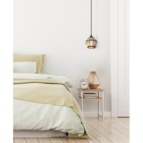 Závesné svietidlo, kov čierny matný, kov mosadz, kovové tyče čierne matné, sklenené krištále priehľa 1