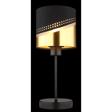 Stolové svietidlo, kov čierny, textil čierny, plast zlatej farby, kábel PVC čierny, kolískový vypína 16